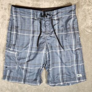 O'Neill Hybrid Boardshorts Men's  34X10 Blue Gray Plaid‎ Swim Trunks